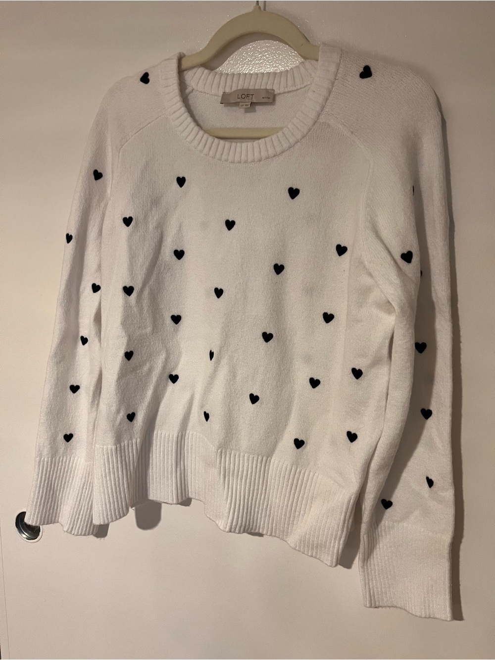LOFT White Crewneck Sweater with Black Heart Motif